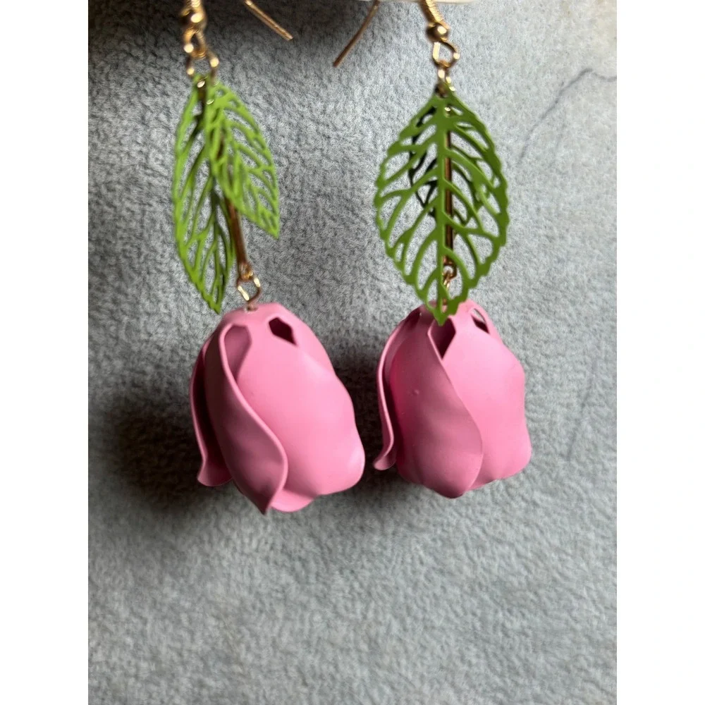 #1. Metal Pink Rose Dangling Earrings